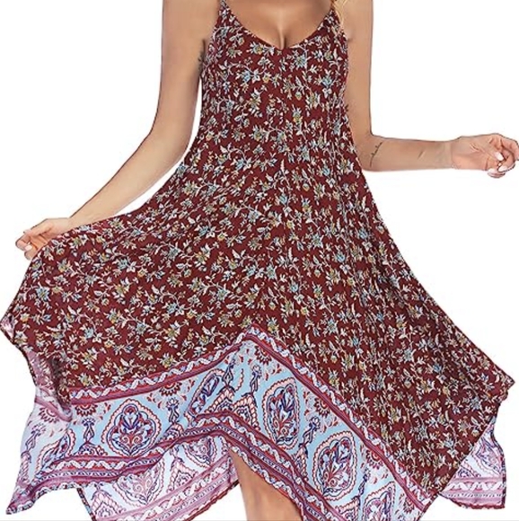 None Dresses & Skirts - Spaghetti strap boho handkerchief hem flowy rayon dress